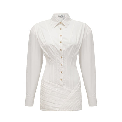 Simple white pleated mini shirt dress with fitted waist by Orlane