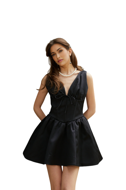 Schwarzes Federica Minikleid mit V-Ausschnitt und Schleife