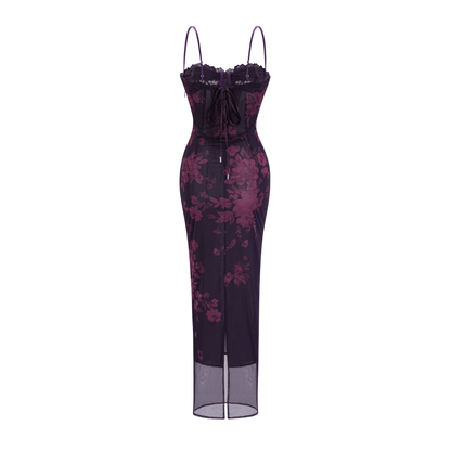 Isabel Blumen Midi Kleid in lebendigem Lila mit Spaghettiträgern & Spitzenverzierungen