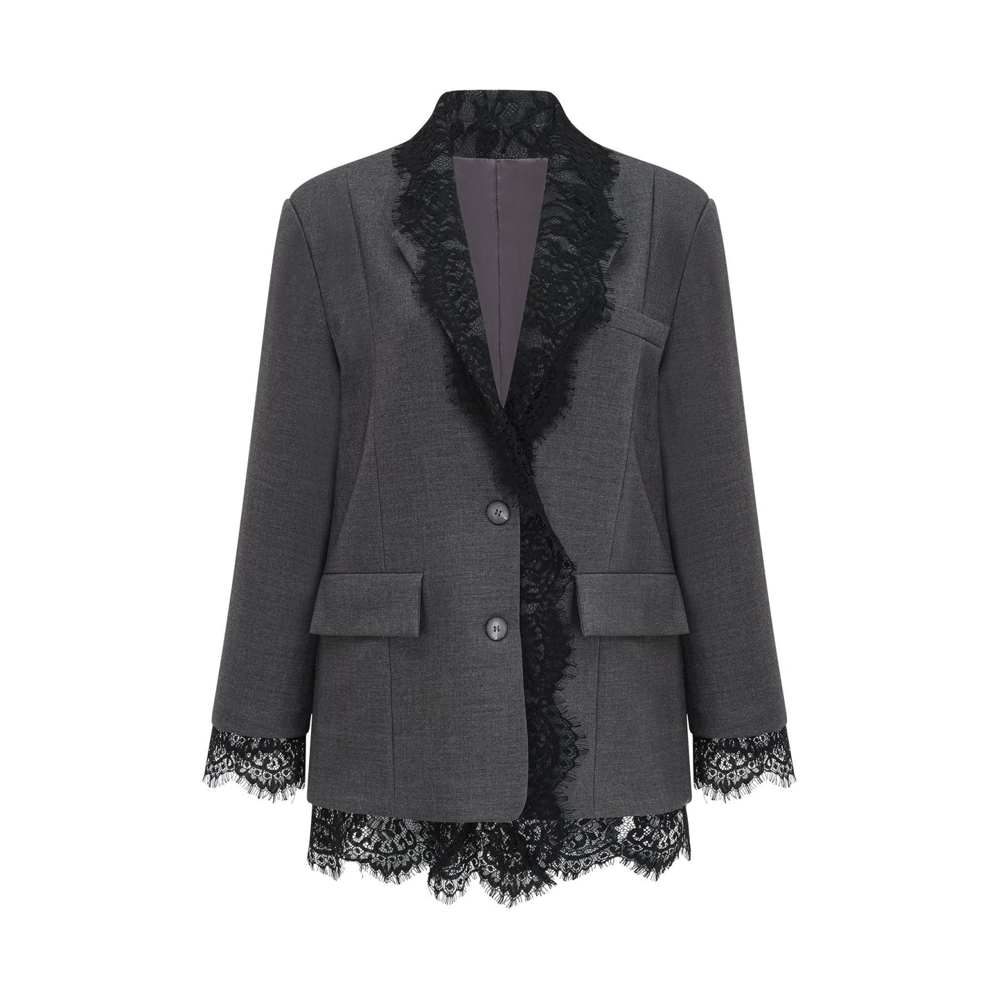Woman wearing grey blazer with lace panel details on sleeves and lapels