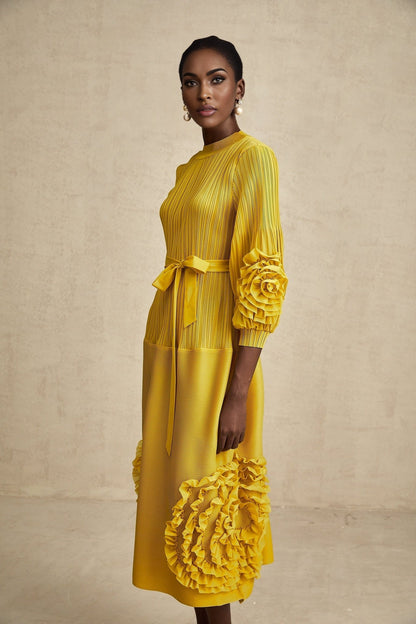 Aïda yellow 3dpetal ruffled midi dress