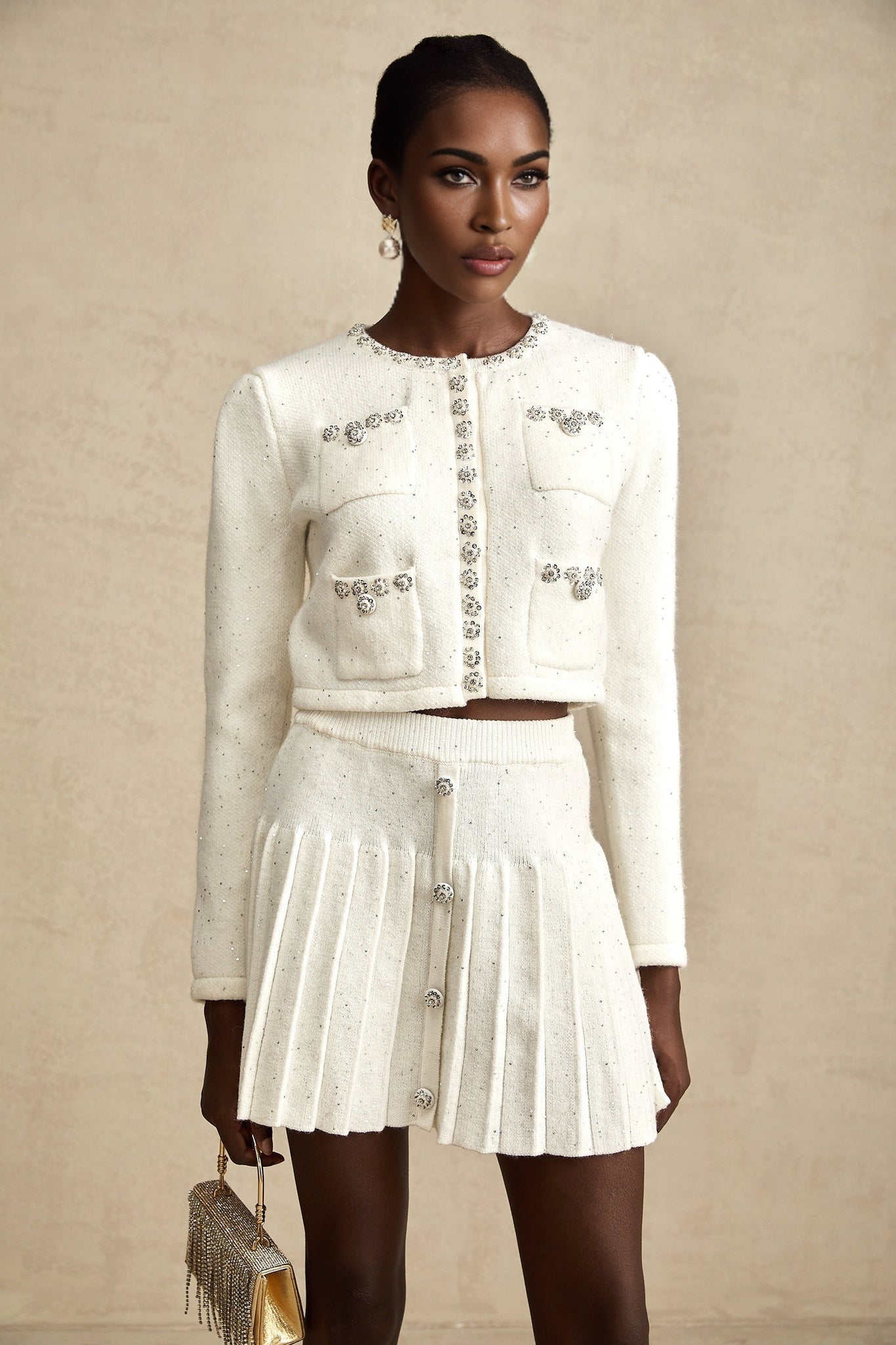Fabienne white embellished jacket  skirt matching set