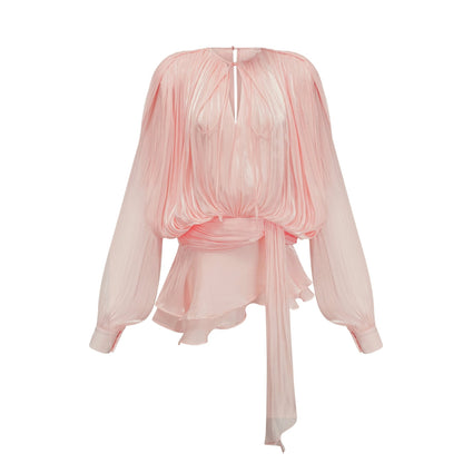 Eugenie pink mini dress with full pleats and ruffles