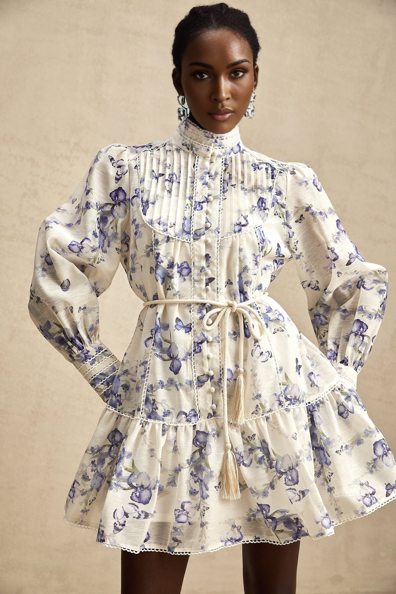 A short flared chiffon mini dress with a colorful floral print pattern called Blandine