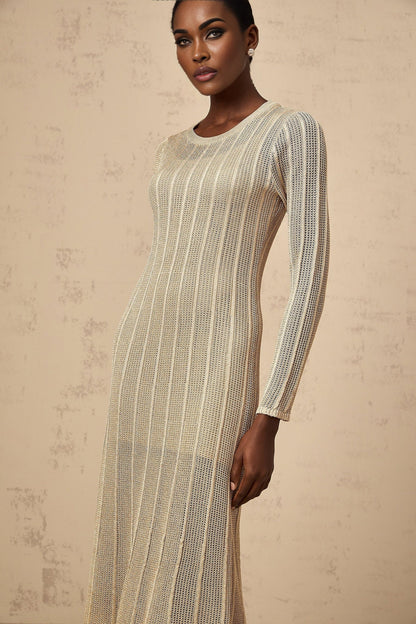 A khaki colored fitted knit midi dress on a mannequin or model showing the form fitting silhouette and knee length hem