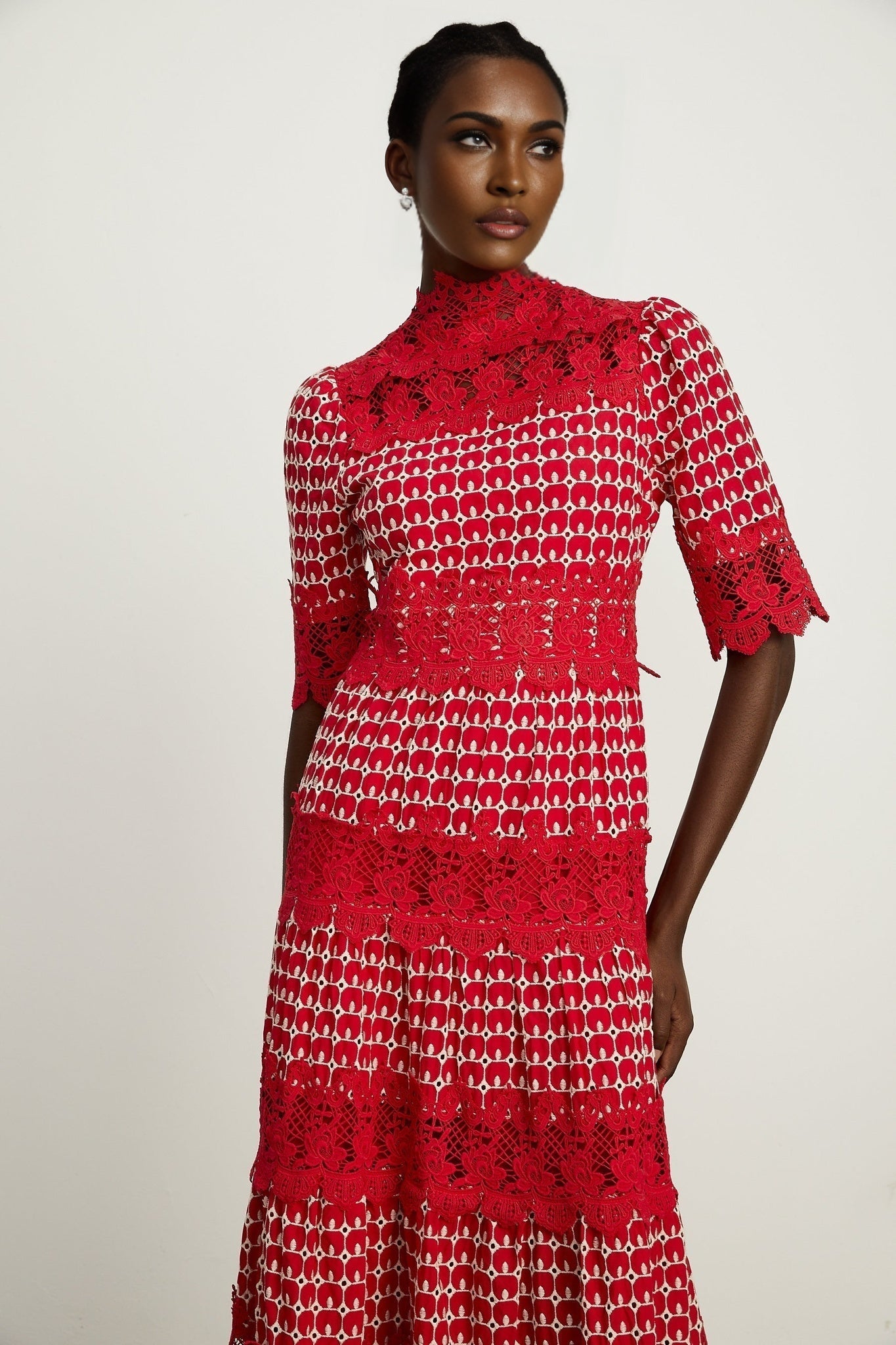 Chantal red scalloppattern lacepanel maxi dress