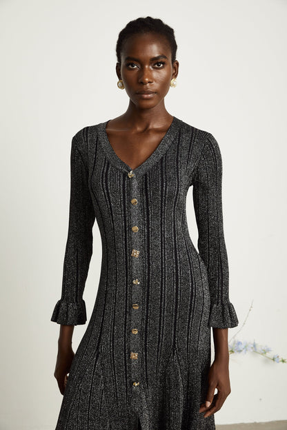 Ophélie black flounced metallic midi dress
