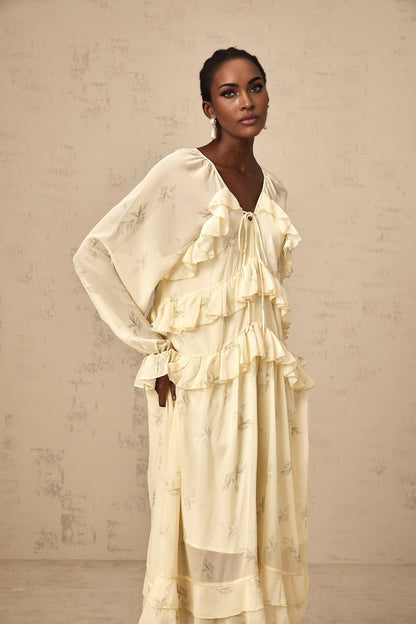 Yellow floral print midi dress with ruffles made of chiffon fabric named Oriane