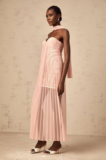 A long pink maxi dress with a pleated tulle skirt and ribbon design details on the bodice
