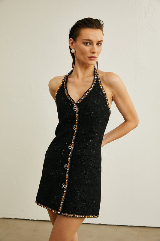 Cécile black tweed cardigan  dress matching set