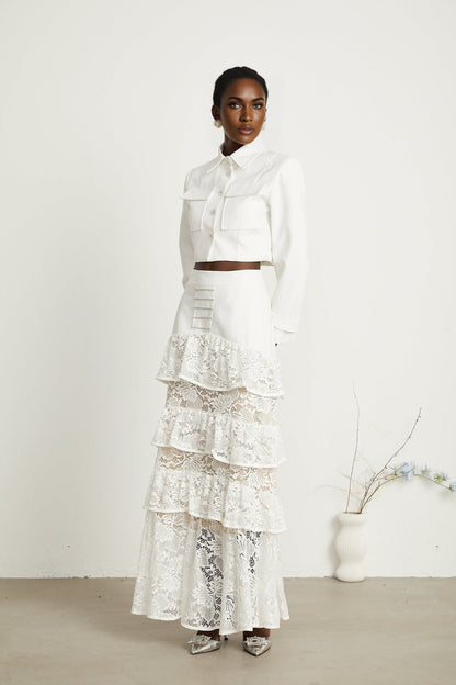 Zélie white lacepanel jacket  skirt matching set
