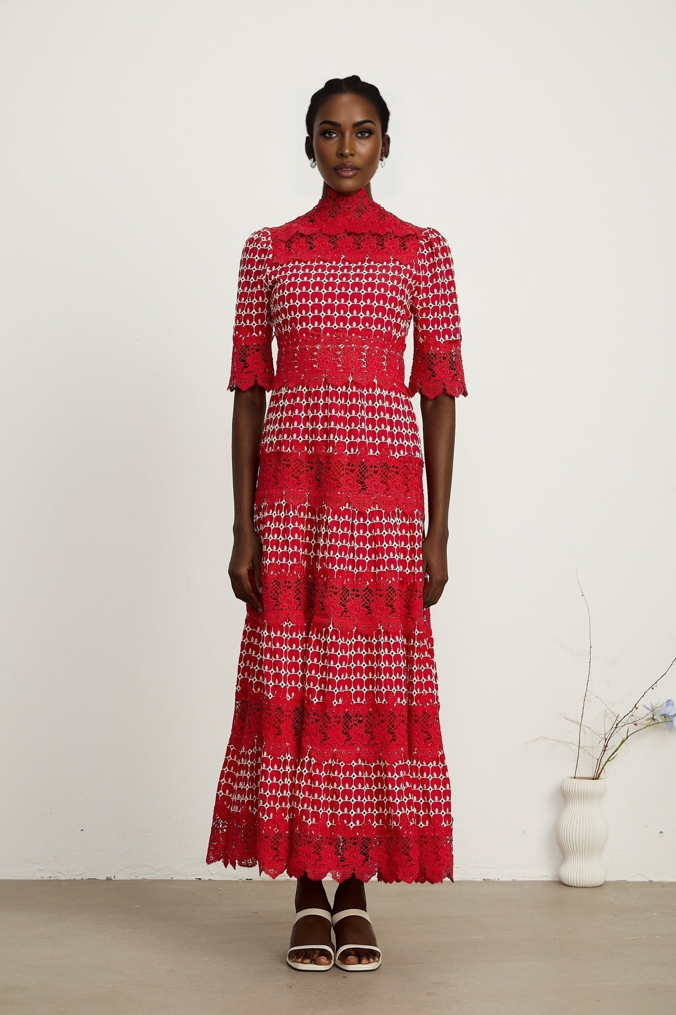 Chantal red scalloppattern lacepanel maxi dress