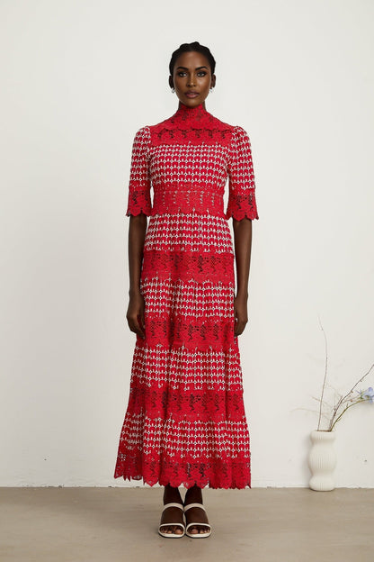 Chantal red scalloppattern lacepanel maxi dress