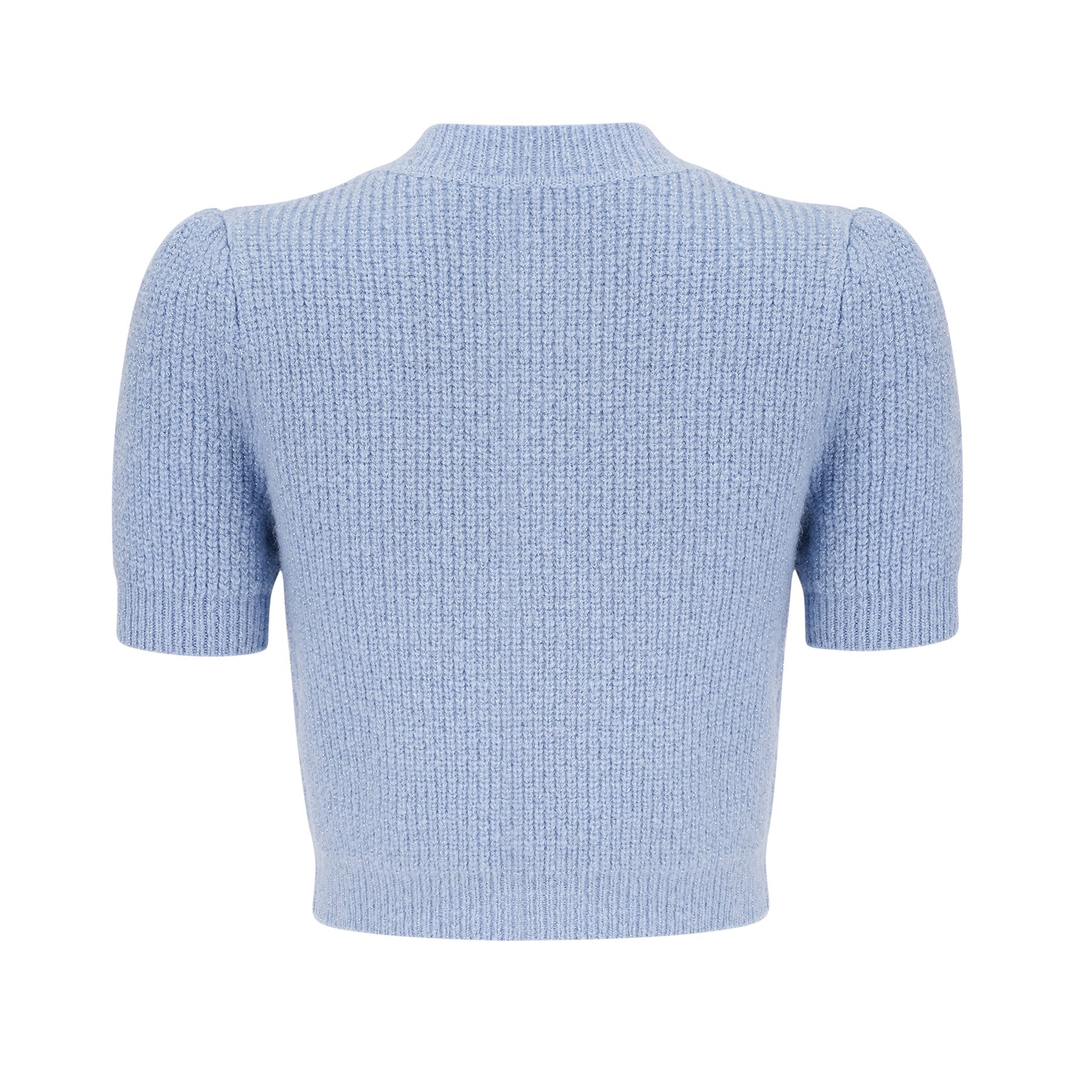 Woman wearing a blue knit matching set consisting of a blouse and skirt Chantal style outfit in a soft knit fabric