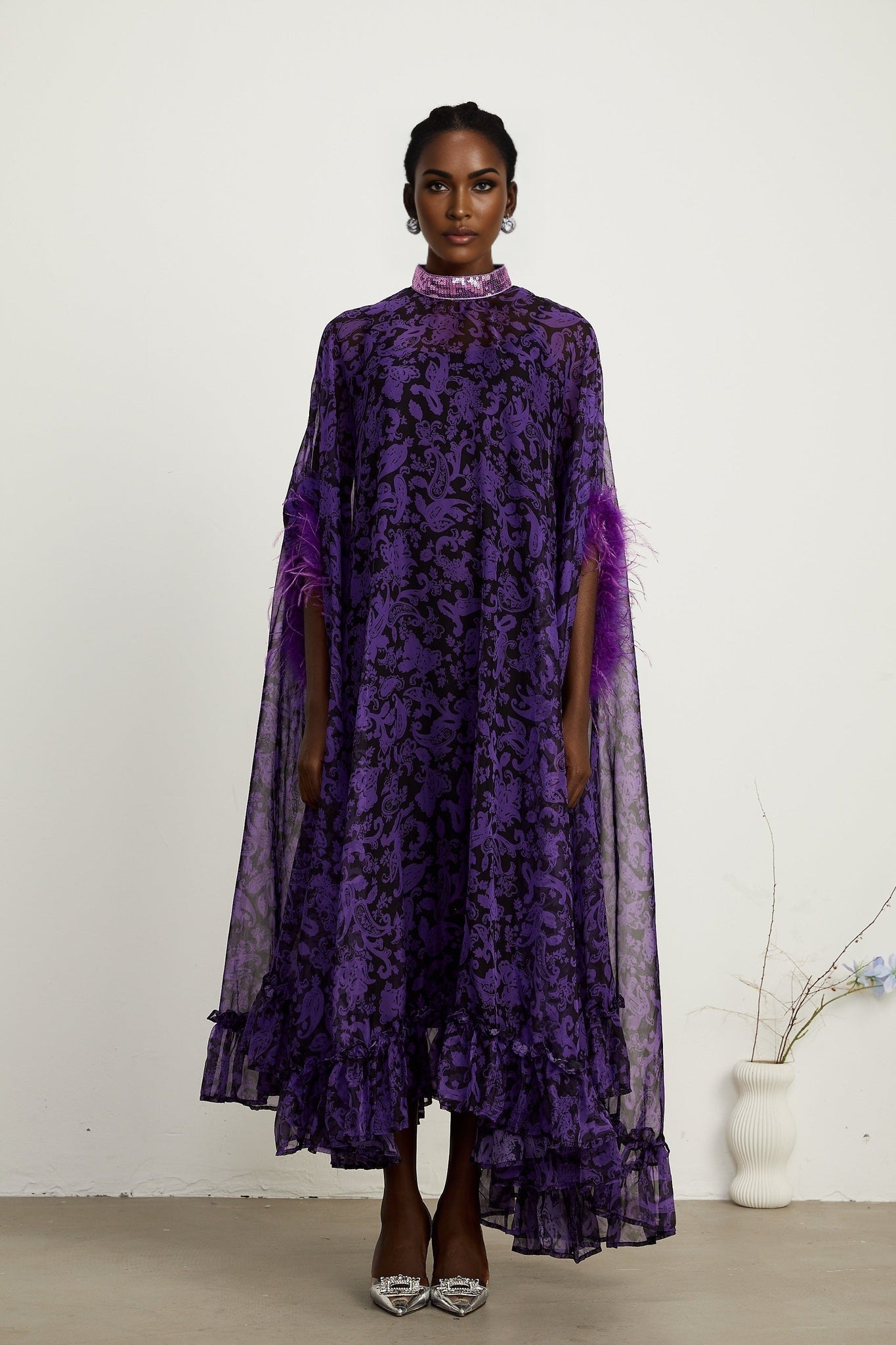 Lisette feathertrim batwingsleeve maxi dress