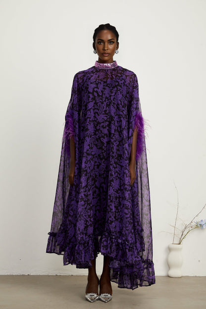 Lisette feathertrim batwingsleeve maxi dress