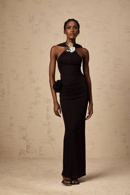 A long black hooded maxi dress with floral applique details named Axelle