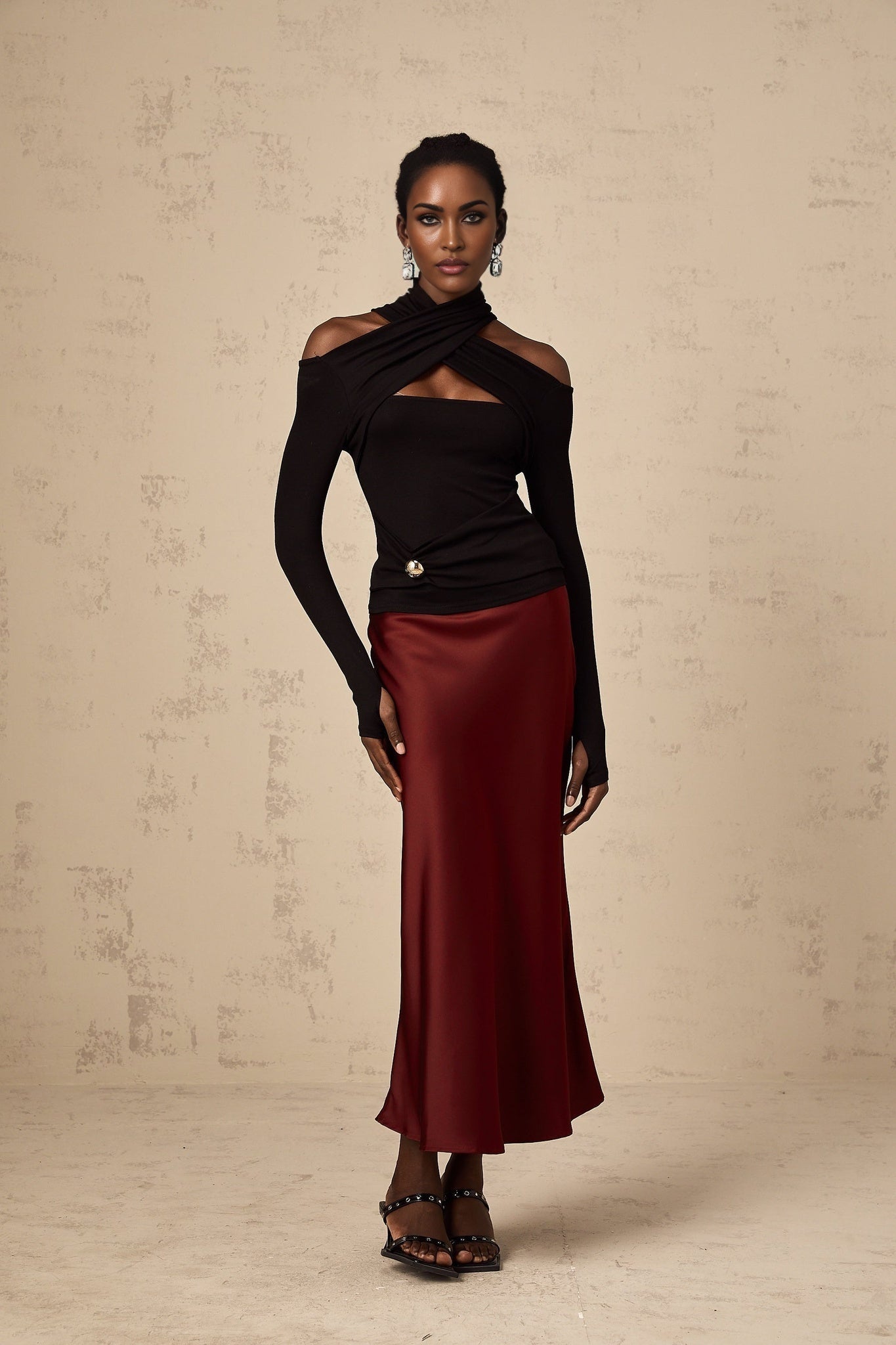 Black ruched top with stretch jersey fabric and long sleeves