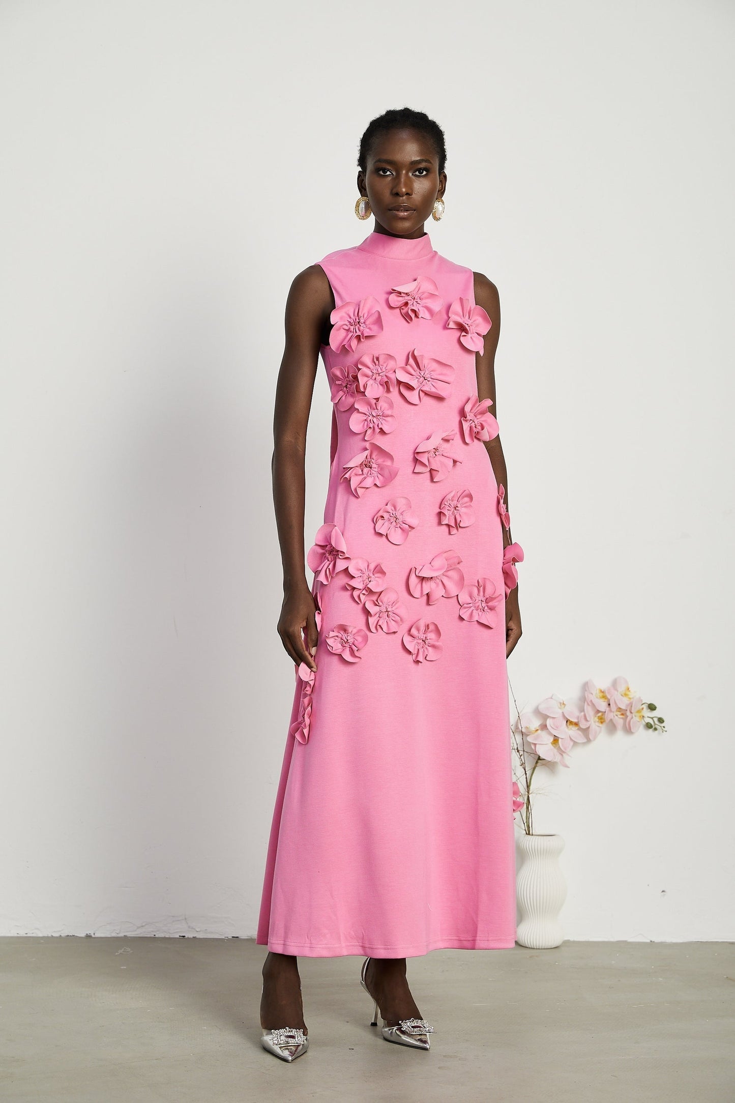 Magali bowtie fauxflower embellished sleeveless maxi dress in Pink
