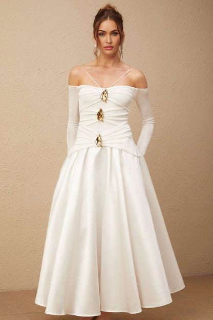 White offshoulder maxi dress with panelled design named Nadine