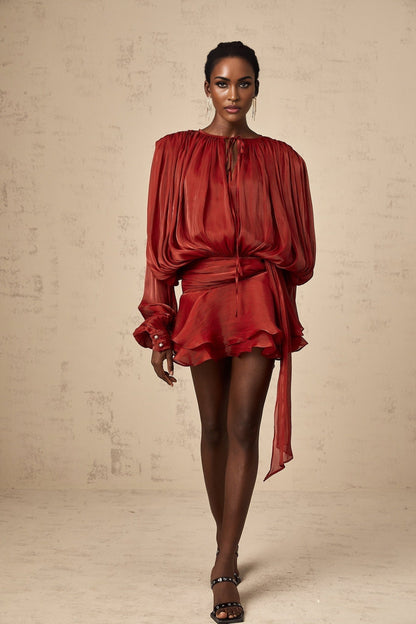 Red pleated mini dress with ruffles and full skirt named Eugenie