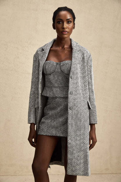 Long gray coat with herringbone pattern called Chantal