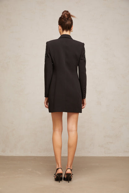 Black sequined blazer dress with embellishments named Elena
