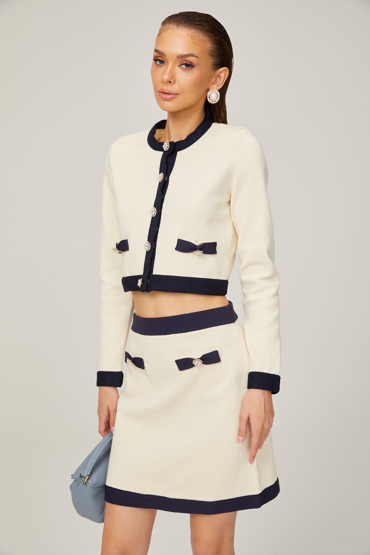 Émeline bowdetail knitted cardigan  skirt matching set