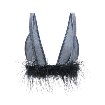 Milia feather denim top  skirt matching set
