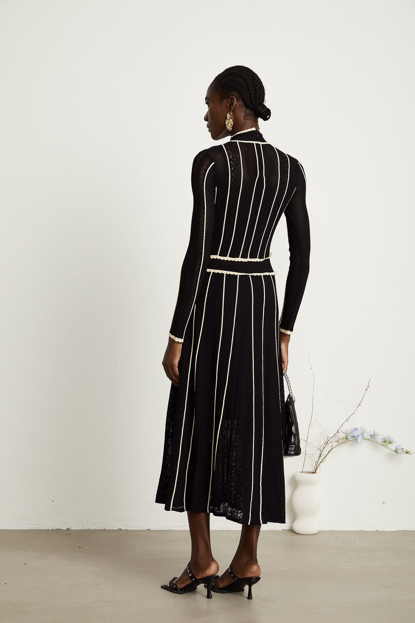 Maëlys black verticalstripe netted maxi dress