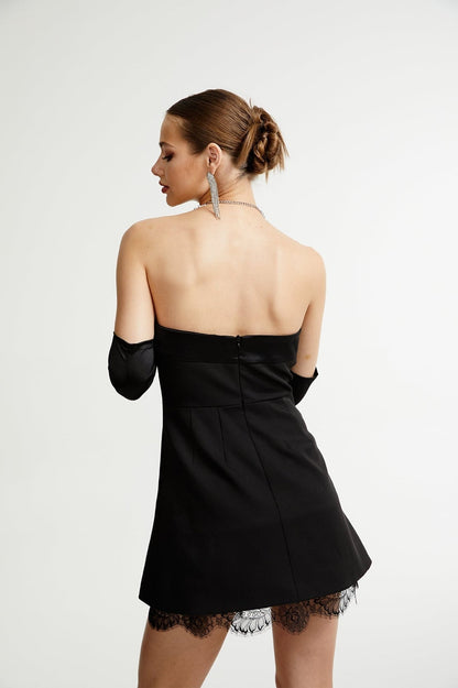 Black mini dress with lace details called Zephyra