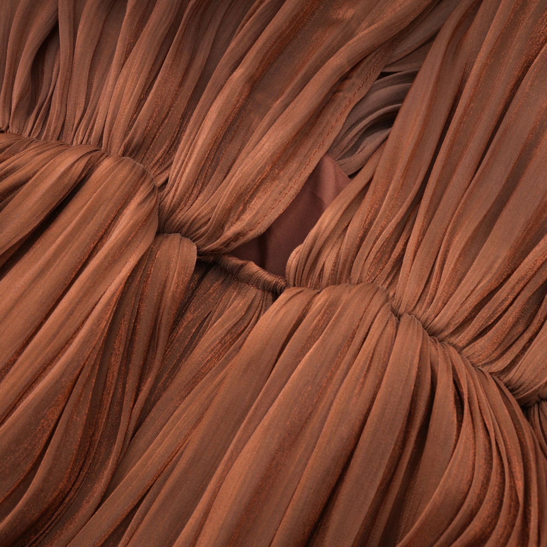 Mila brown pleated satin maxi dress on white background full length view