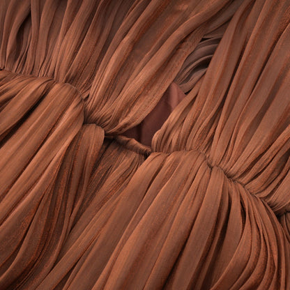 Mila brown pleated satin maxi dress on white background full length view