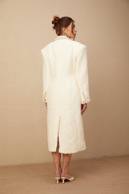 Long wool tweed coat with faux pearl embellishments in Isotta style