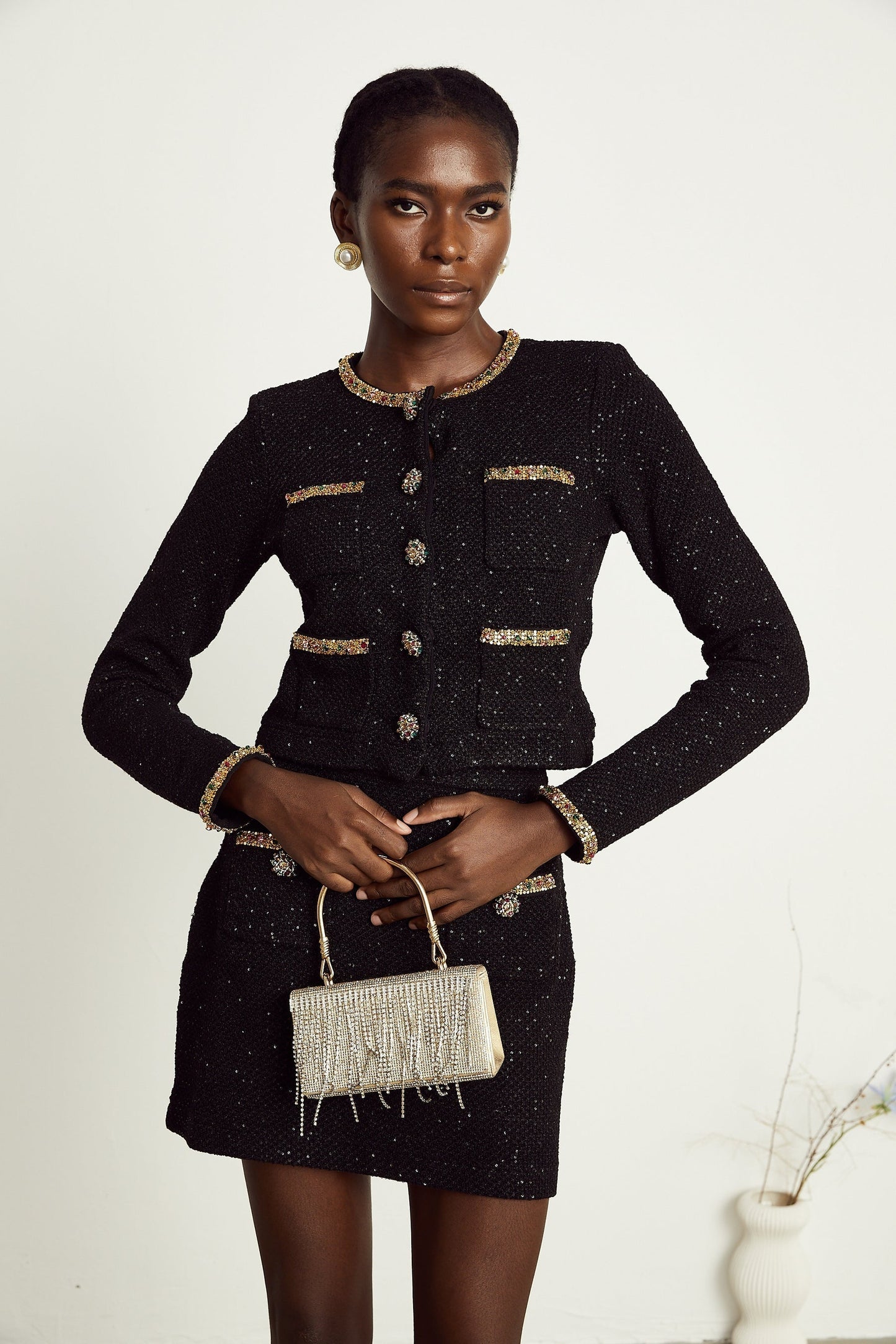 Ariane black sequined tweed jacket  skirt matching set