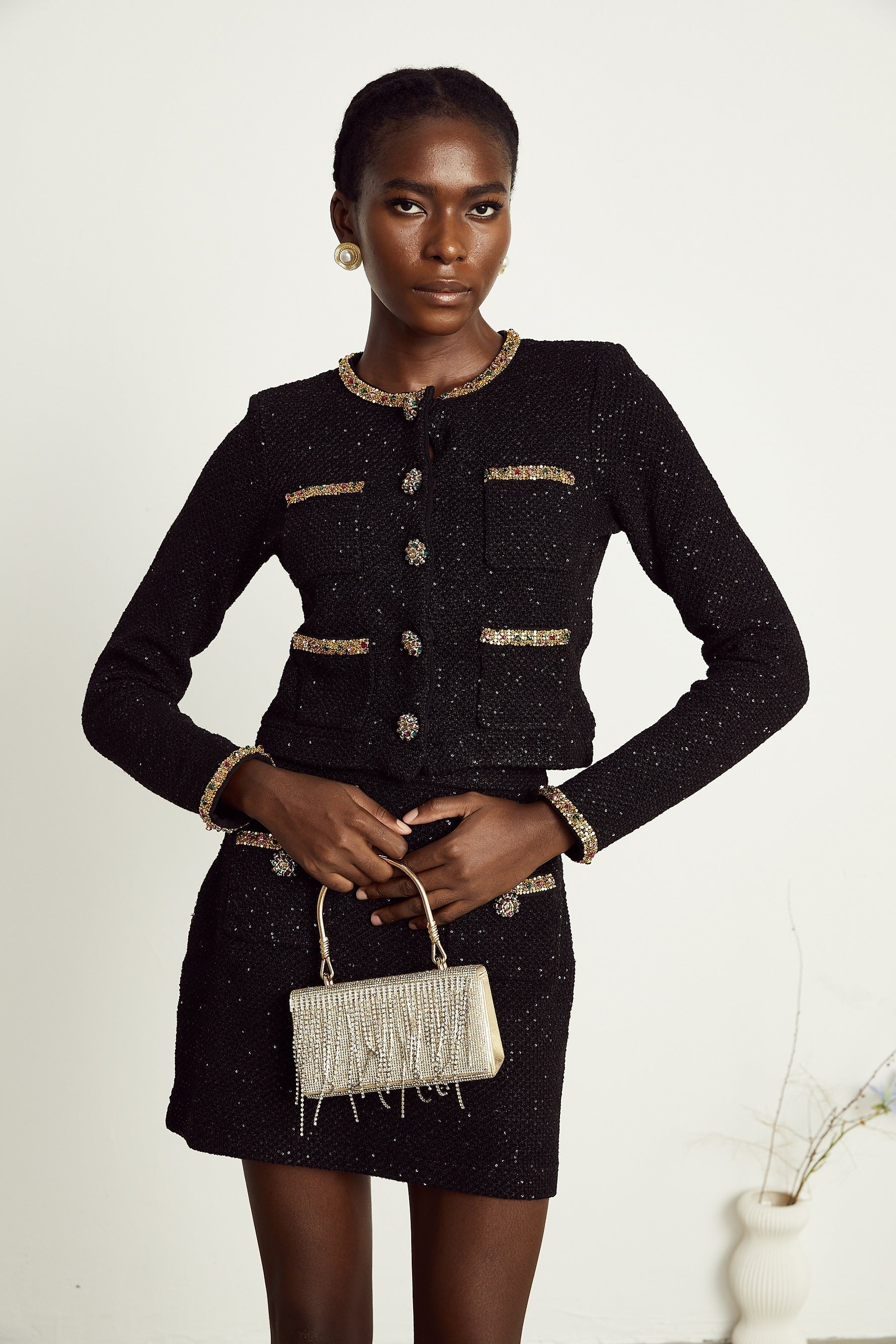 Ariane black sequined tweed jacket  skirt matching set