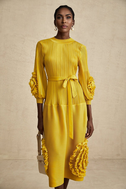 Aïda yellow 3dpetal ruffled midi dress