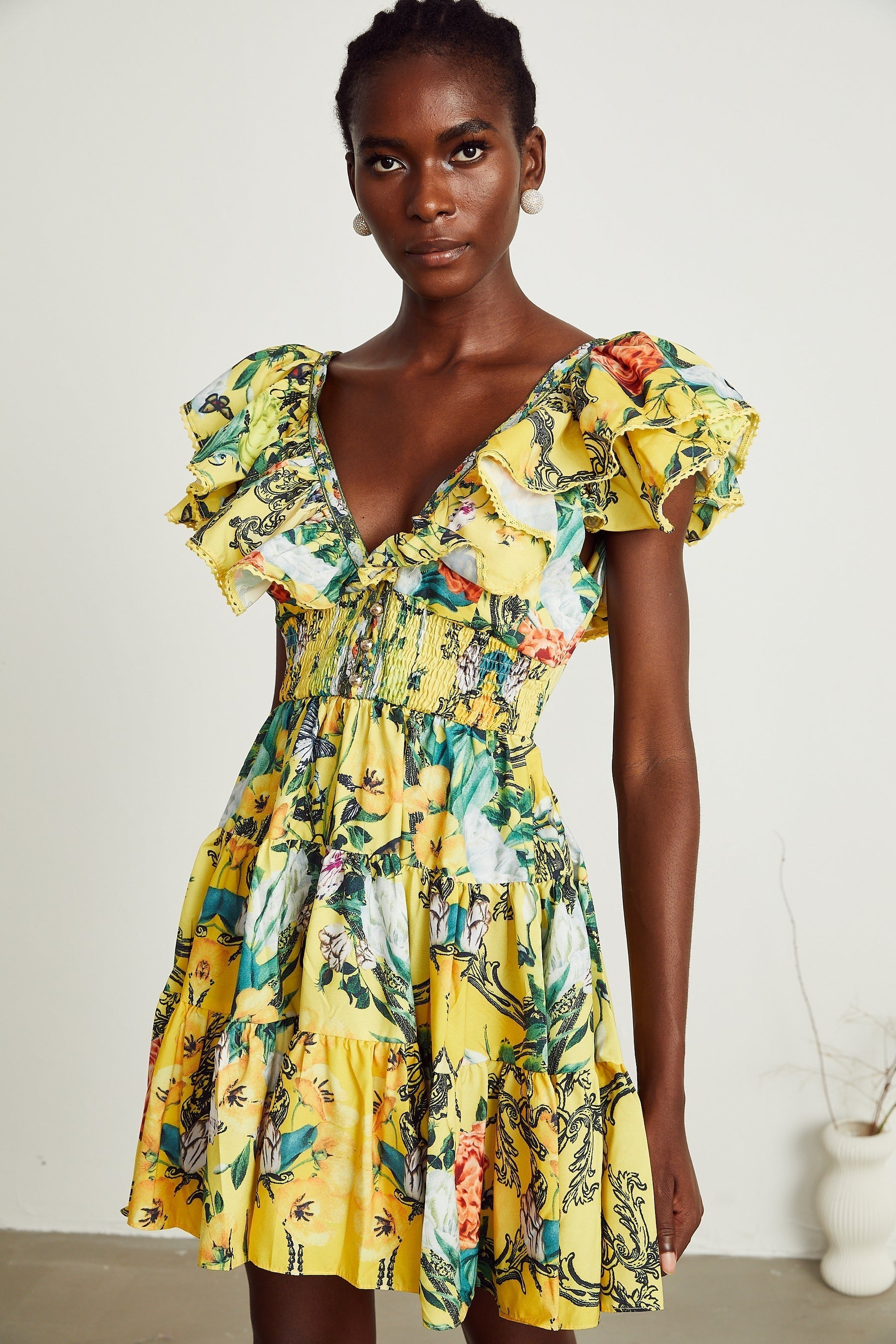 Saige ruffled floralprint mini dress in Yellow