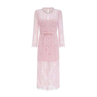 A pink midi dress with floral embroidery and embellishments on delicate lace fabric featuring an Elisabetta design