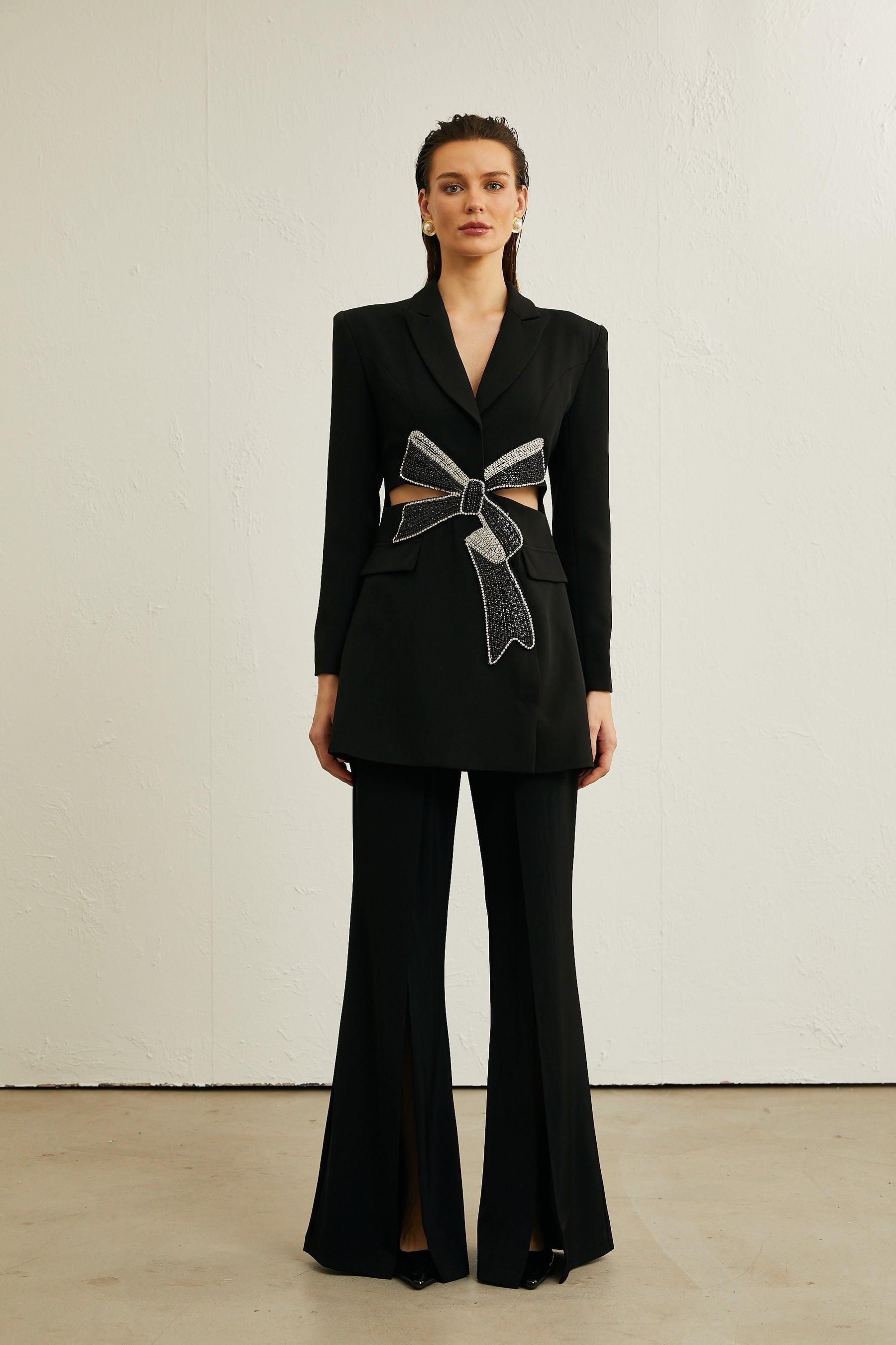 Justine black bowknot cutout blazer