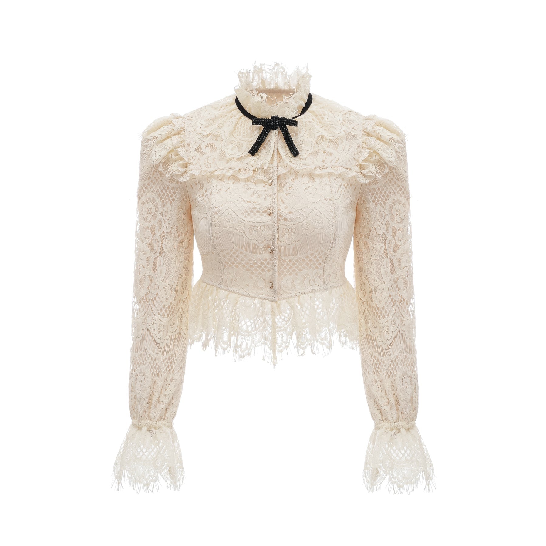 Anaelle off white blouse with bowknot detail and floral lace pattern