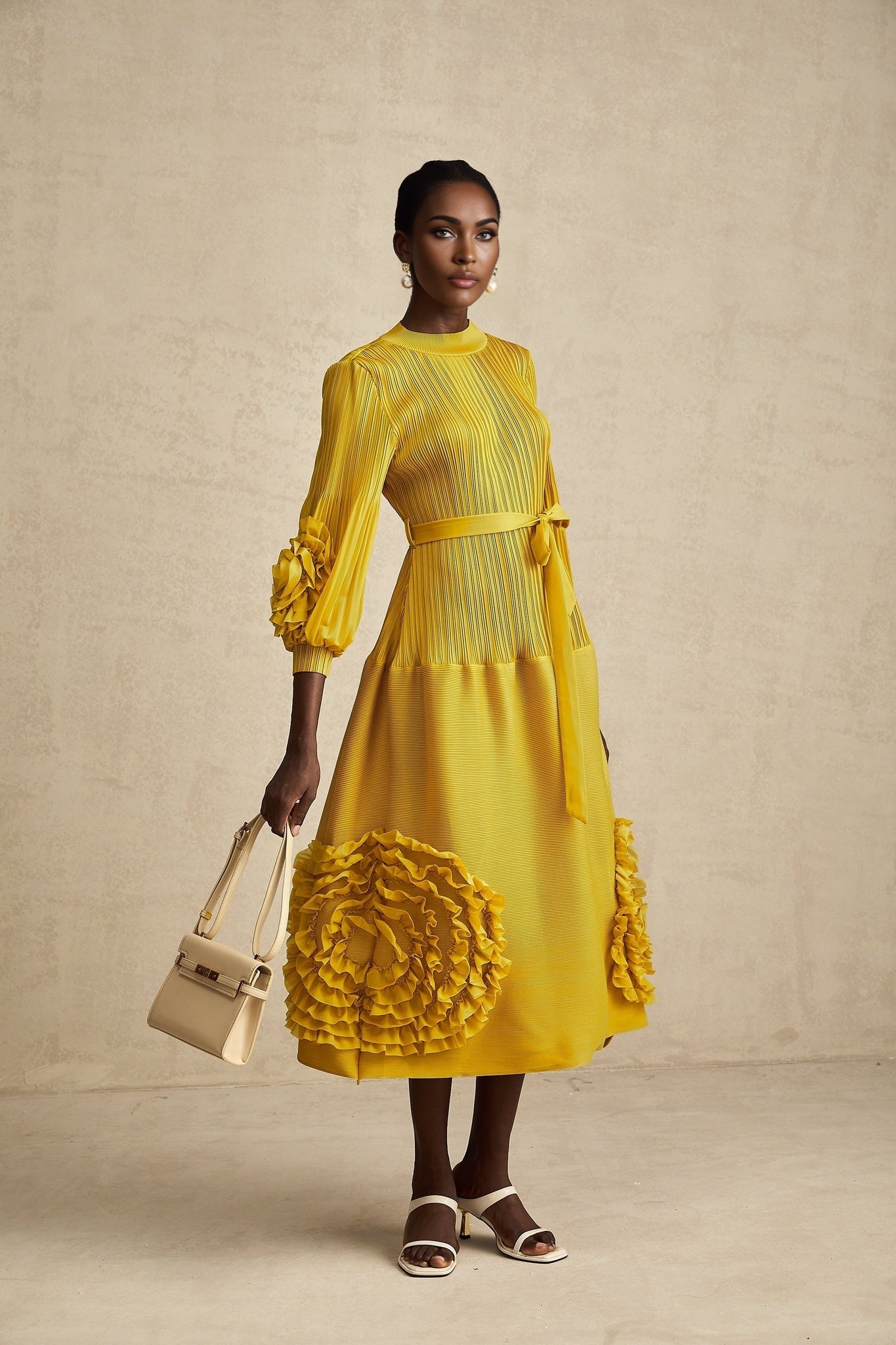 Aïda yellow 3dpetal ruffled midi dress