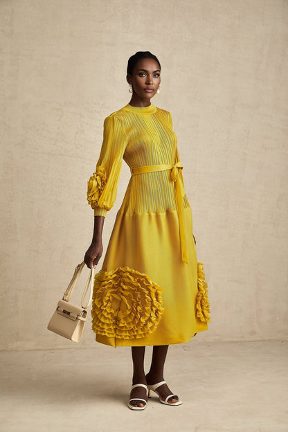 Aïda yellow 3dpetal ruffled midi dress