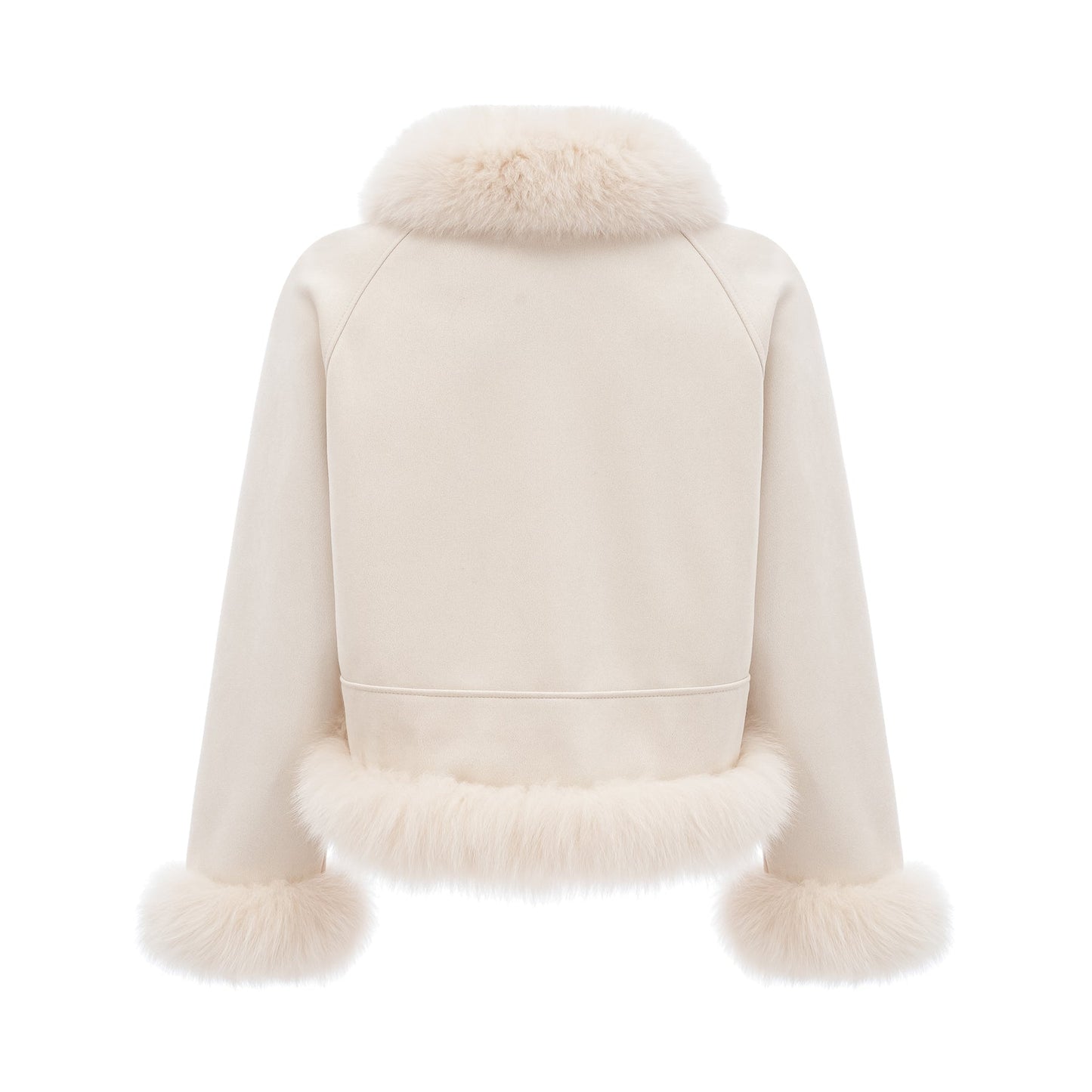 Woman wearing a short white suede coat with fur trim and padded design standing against neutral background