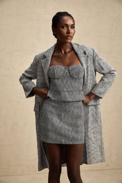 Long gray coat with herringbone pattern named Chantal