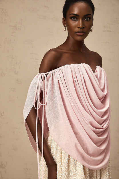 A pink offshoulder top with ruched detailing called Quintina