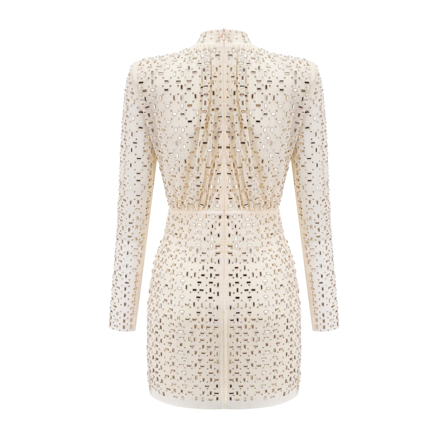 A short white mini dress with crystal embellishments and draped fabric detailing