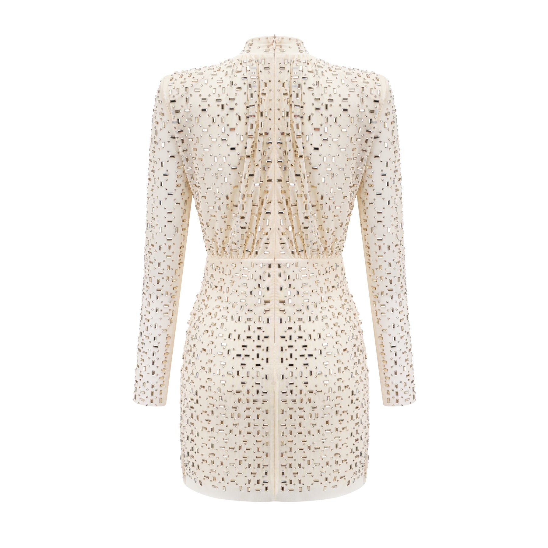A short white mini dress with crystal embellishments and draped fabric detailing