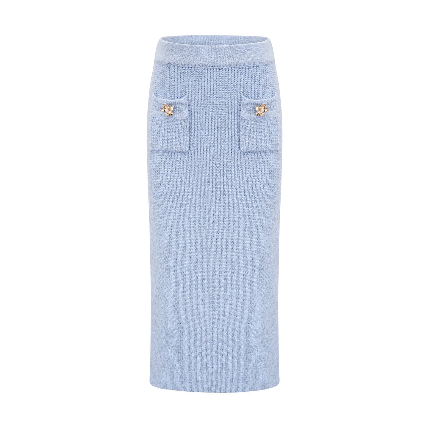 Chantal blue knit blouse and skirt matching set on white background