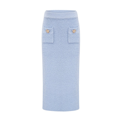 Chantal blue knit blouse and skirt matching set on white background